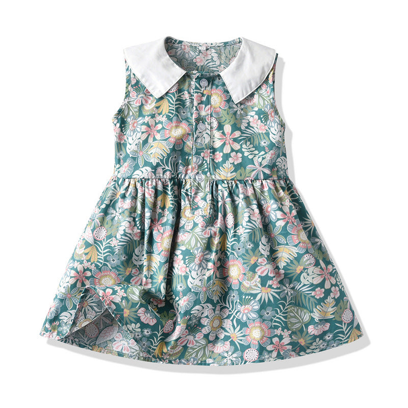 Wholesale Children's Cotton Sleeveless Floral Doll Neck Dresses